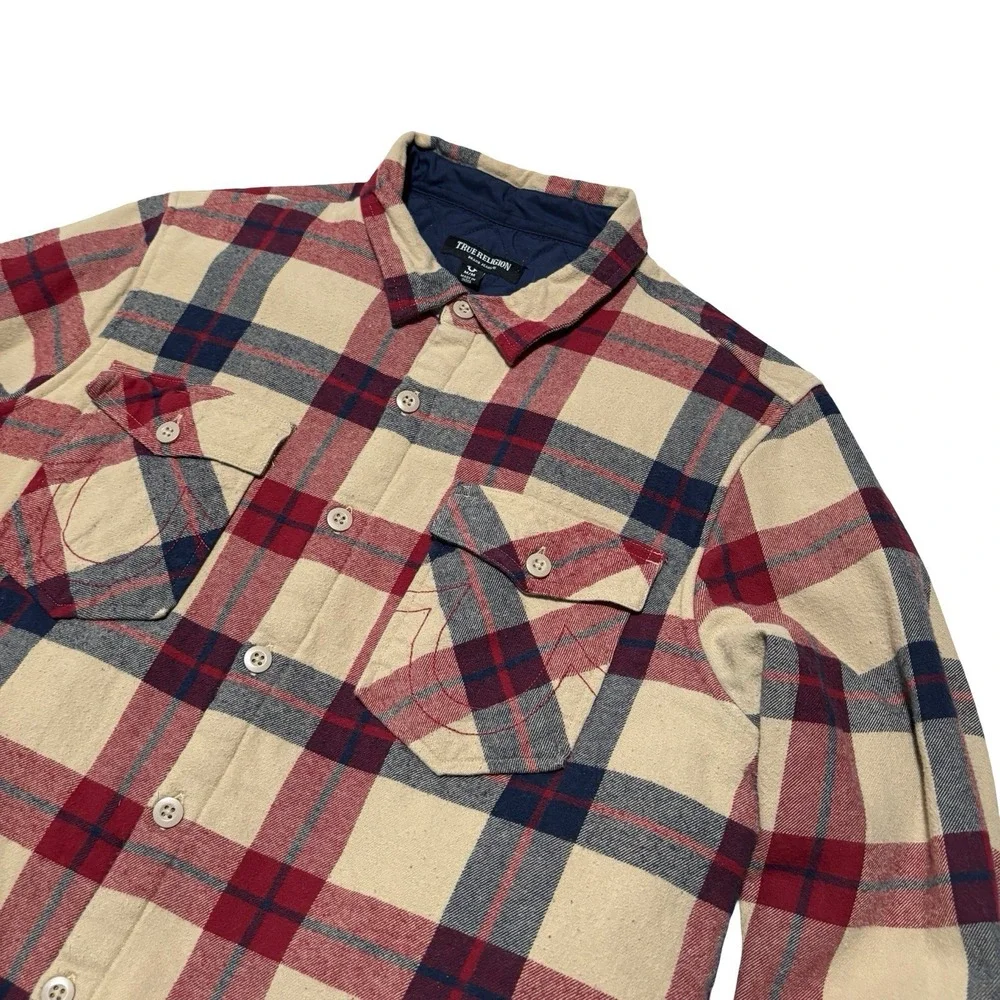 True Religion Men's Quilted Lined Plaid Flannel Shirt Jacket Size Medium 21 x 28